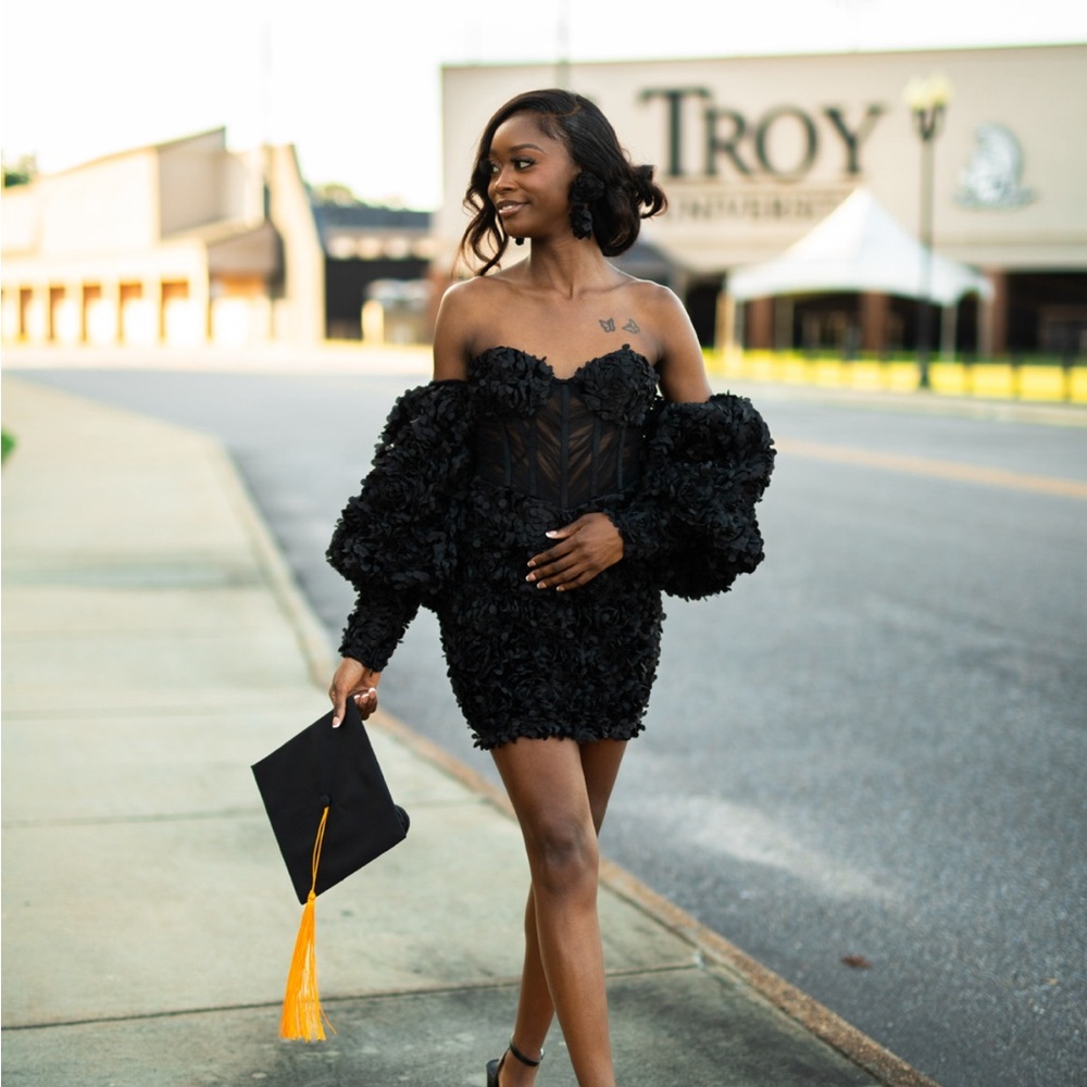 ASOS Luxe Black Textured Puff Sleeve Dress